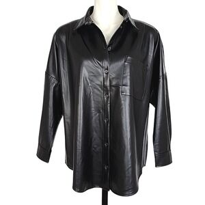 NWT French Connection Women's Black Crolenda Faux Leather Shirt Large